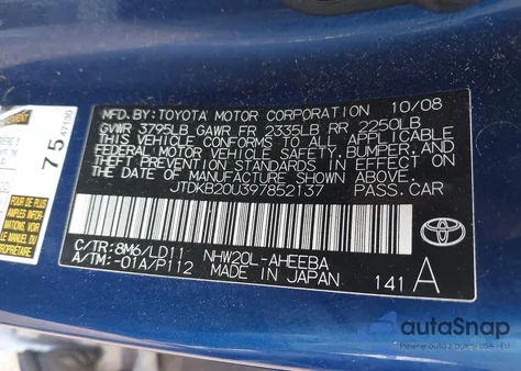 2009 Toyota Prius from USA, damaged, VIN JTDKB20U397852137